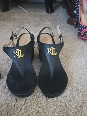 Ralph Lauren Black Leather RLL Logo T-Strap Wedge Sandals